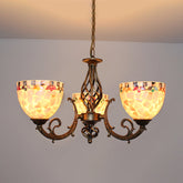Tiffany-style Shell Domed Ceiling Chandelier - Beige Suspension Pendant (5/9/11 Lights) for Bedroom - This is a ceiling light in the Tiffany style. It has a beige finish and stained glass shades. It is available in five, nine, or eleven light configura